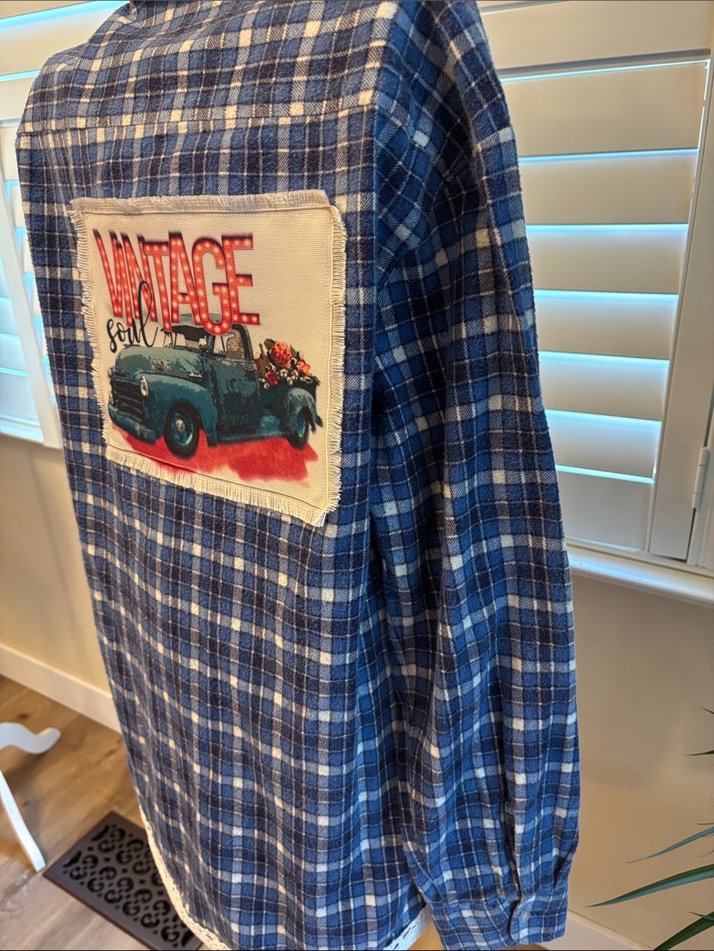 Handmade one of a kind distressed flannel with Vintage Truck Back Patch - Picture 3 of 7